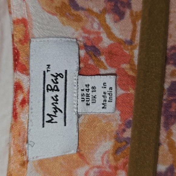 Myra Bag V-Neck A-Line Orange Purple Floral Elastic Waist Dress Womens Size L - Picture 2 of 16